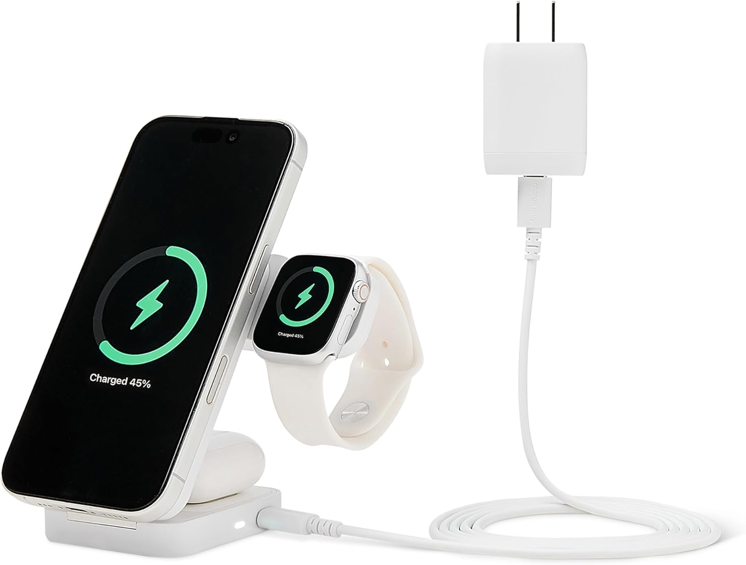 Amazon Basics MagSafe Compatible 25W Fast Charging Qi2.2 Certified 3-in-1 Wireless Charging Station, Foldable Stand for iPhone 17/16/15/14/13/12, Apple Watch, AirPods, with 45W Adapter, White