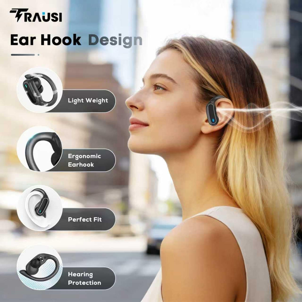 TRAUSI Wireless Earbuds Bluetooth Headphones, Bluetooth 5.3 Stereo Over Ear Buds,Noise Cancelling Mic, IPX7 Waterproof Headset for Workout/Running,Ink black