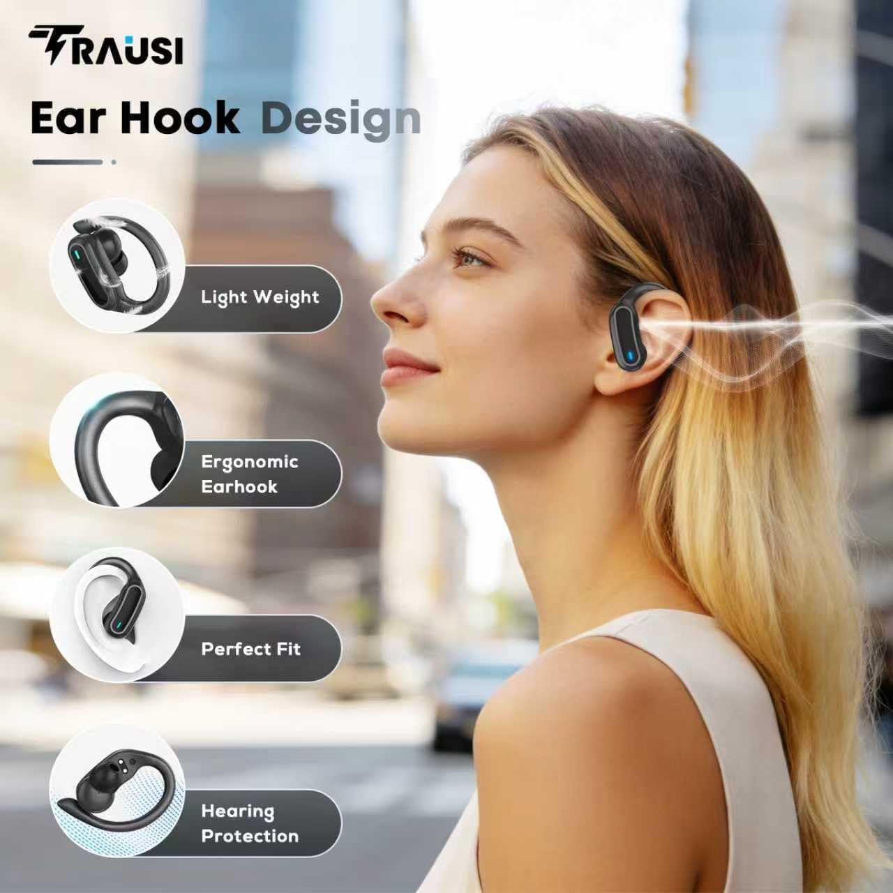 TRAUSI Wireless Earbuds Bluetooth Headphones, Bluetooth 5.3 Stereo Over Ear Buds,Noise Cancelling Mic, IPX7 Waterproof Headset for Workout/Running,Ink black