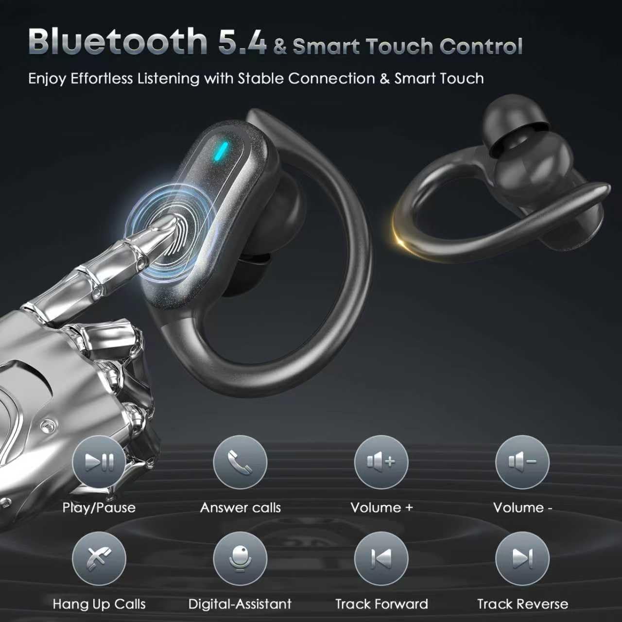 TRAUSI Wireless Earbuds Bluetooth Headphones, Bluetooth 5.3 Stereo Over Ear Buds,Noise Cancelling Mic, IPX7 Waterproof Headset for Workout/Running,Ink black