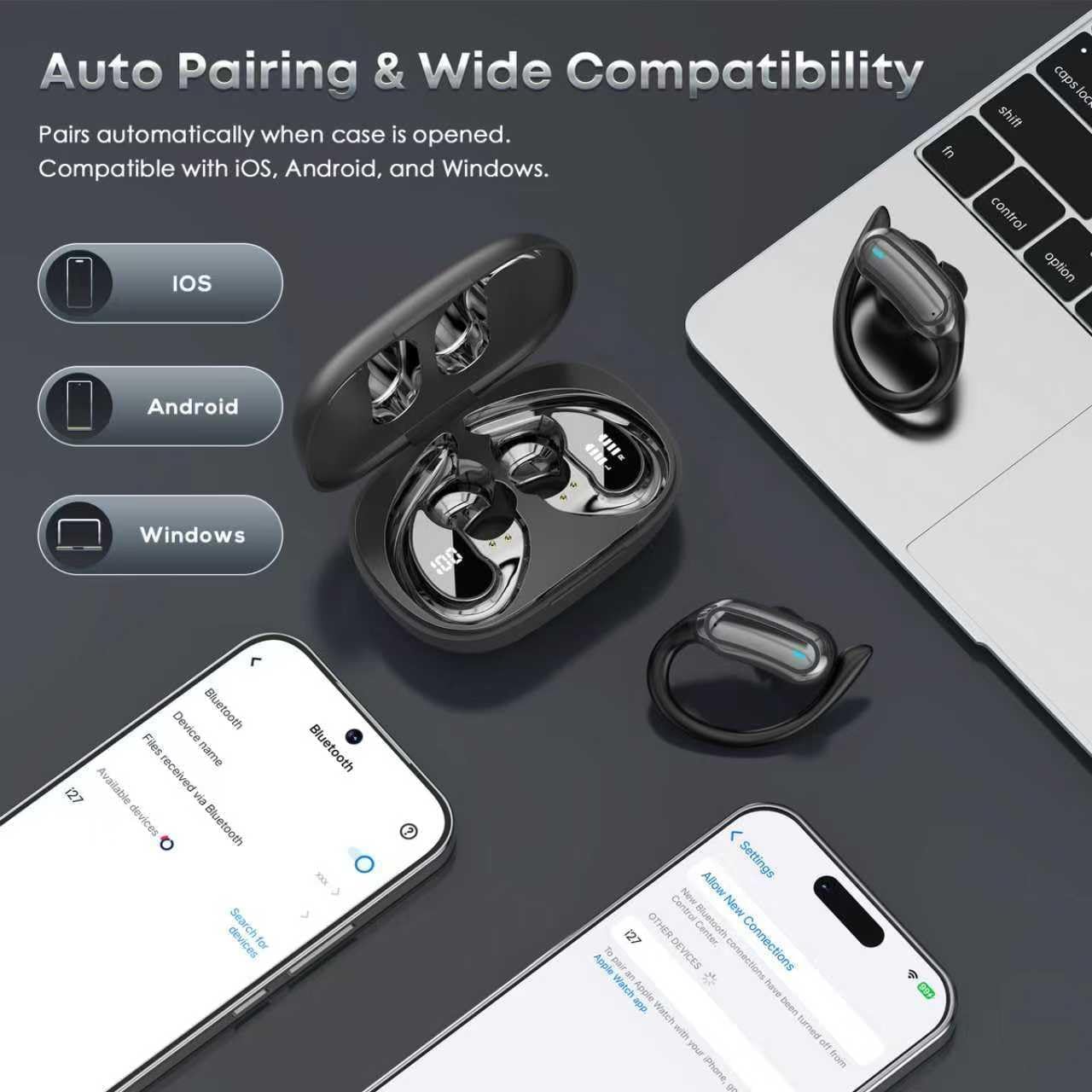 TRAUSI Wireless Earbuds Bluetooth Headphones, Bluetooth 5.3 Stereo Over Ear Buds,Noise Cancelling Mic, IPX7 Waterproof Headset for Workout/Running,Ink black