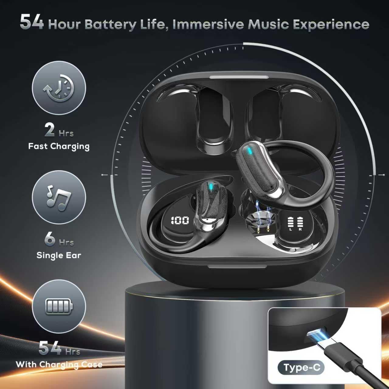 TRAUSI Wireless Earbuds Bluetooth Headphones, Bluetooth 5.3 Stereo Over Ear Buds,Noise Cancelling Mic, IPX7 Waterproof Headset for Workout/Running,Ink black