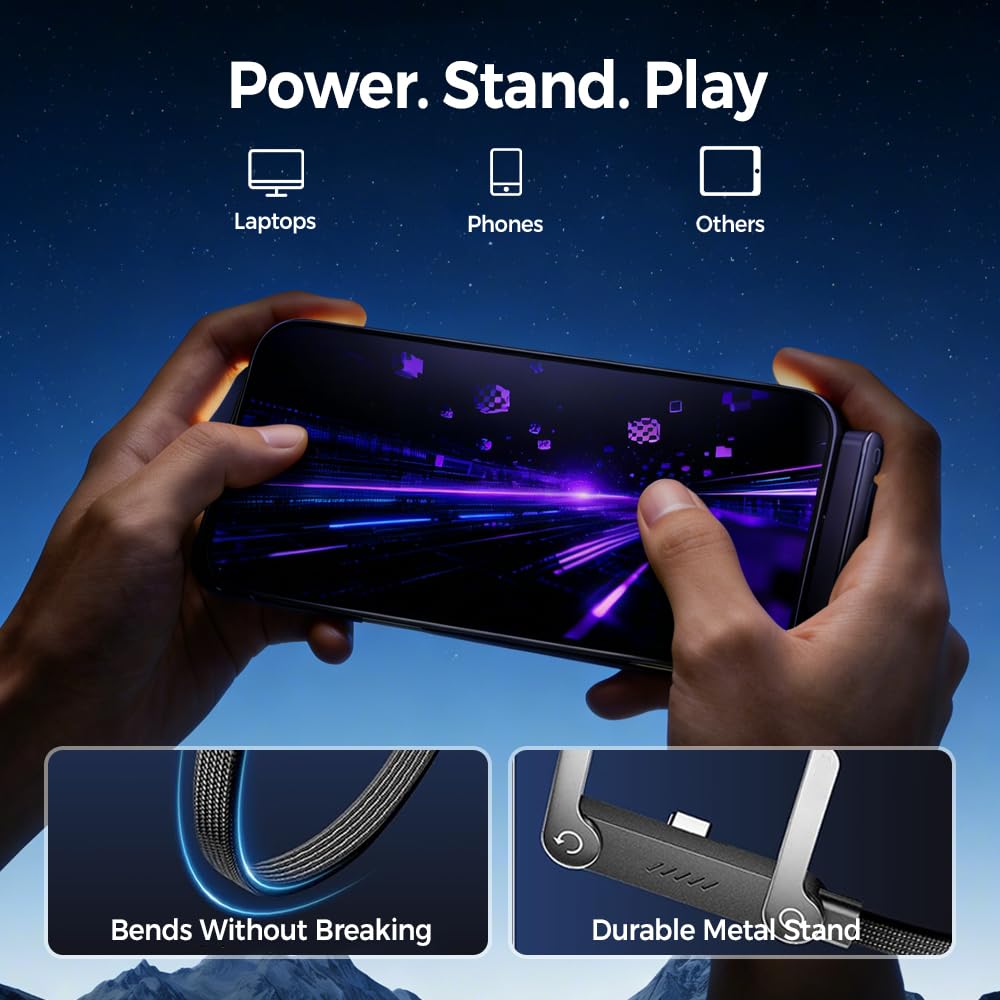 USB A to USB C Cable, Charger Cord (4.9FT), 65W Braided Fast Charge Cable with Built-in Phone Stand T-Shaped Foldable for iPhone 17 Series,Samsung Galaxy Note 10/S10+ S10, LG V30 (3 Pack)