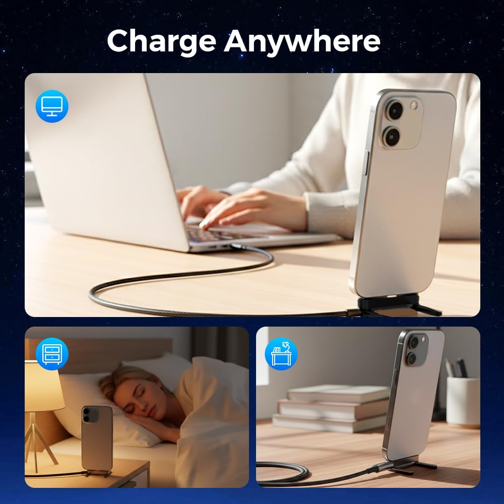 USB A to USB C Cable, Charger Cord (4.9FT), 65W Braided Fast Charge Cable with Built-in Phone Stand T-Shaped Foldable for iPhone 17 Series,Samsung Galaxy Note 10/S10+ S10, LG V30 (3 Pack)