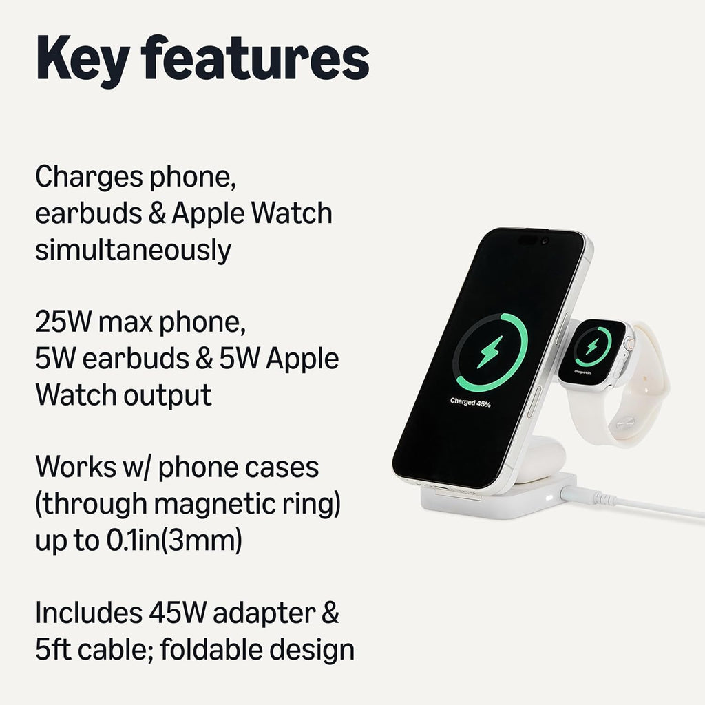Amazon Basics MagSafe Compatible 25W Fast Charging Qi2.2 Certified 3-in-1 Wireless Charging Station, Foldable Stand for iPhone 17/16/15/14/13/12, Apple Watch, AirPods, with 45W Adapter, White