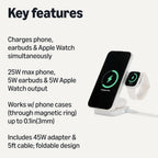 Amazon Basics MagSafe Compatible 25W Fast Charging Qi2.2 Certified 3-in-1 Wireless Charging Station, Foldable Stand for iPhone 17/16/15/14/13/12, Apple Watch, AirPods, with 45W Adapter, White