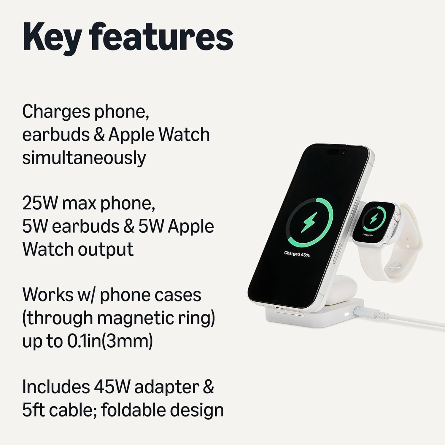 Amazon Basics MagSafe Compatible 25W Fast Charging Qi2.2 Certified 3-in-1 Wireless Charging Station, Foldable Stand for iPhone 17/16/15/14/13/12, Apple Watch, AirPods, with 45W Adapter, White
