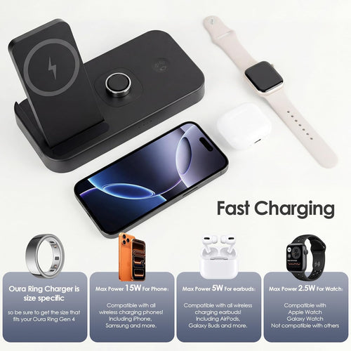 4 in 1 Charging Station for Oura Ring Gen 4 Charger, Fast Charger for iPhone17/16/15/14/13/12, Apple Watch, AirPods, Samsung Galaxy S25/S24/S23/S22/S21, Galaxy Watch Buds (Size 10)