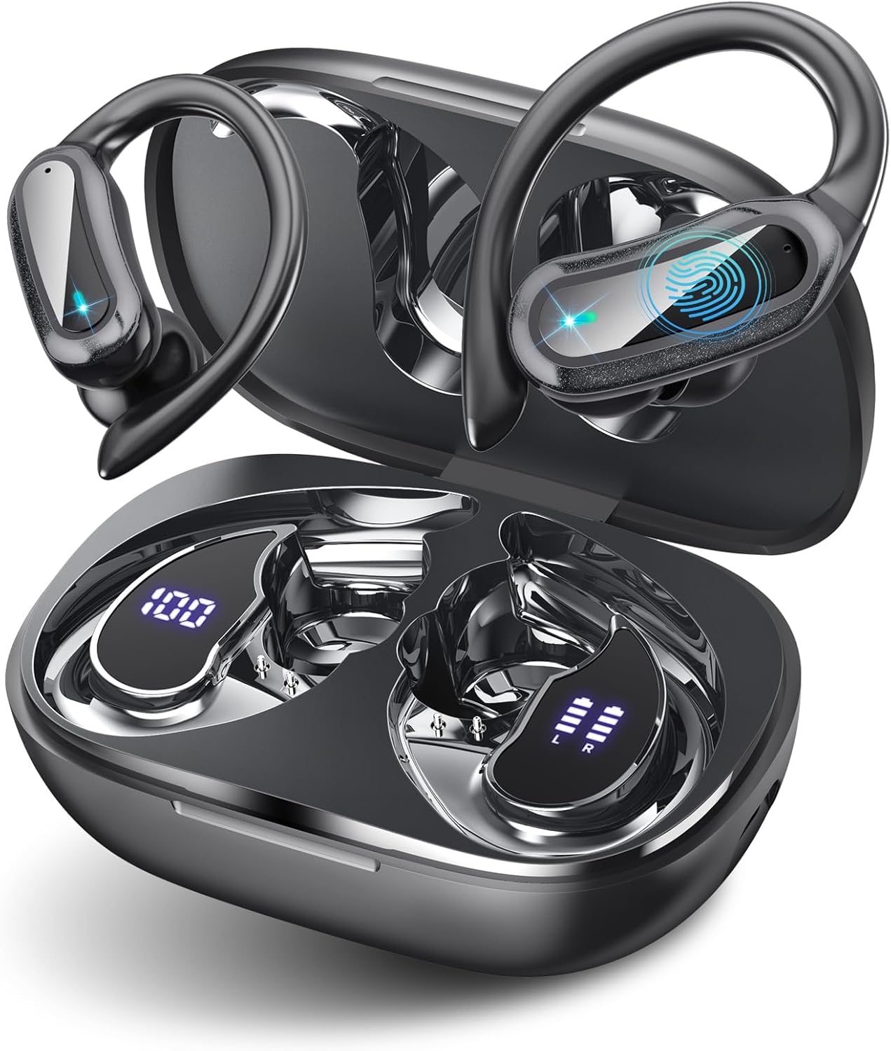 TRAUSI Wireless Earbuds Bluetooth Headphones, Bluetooth 5.3 Stereo Over Ear Buds,Noise Cancelling Mic, IPX7 Waterproof Headset for Workout/Running,Ink black