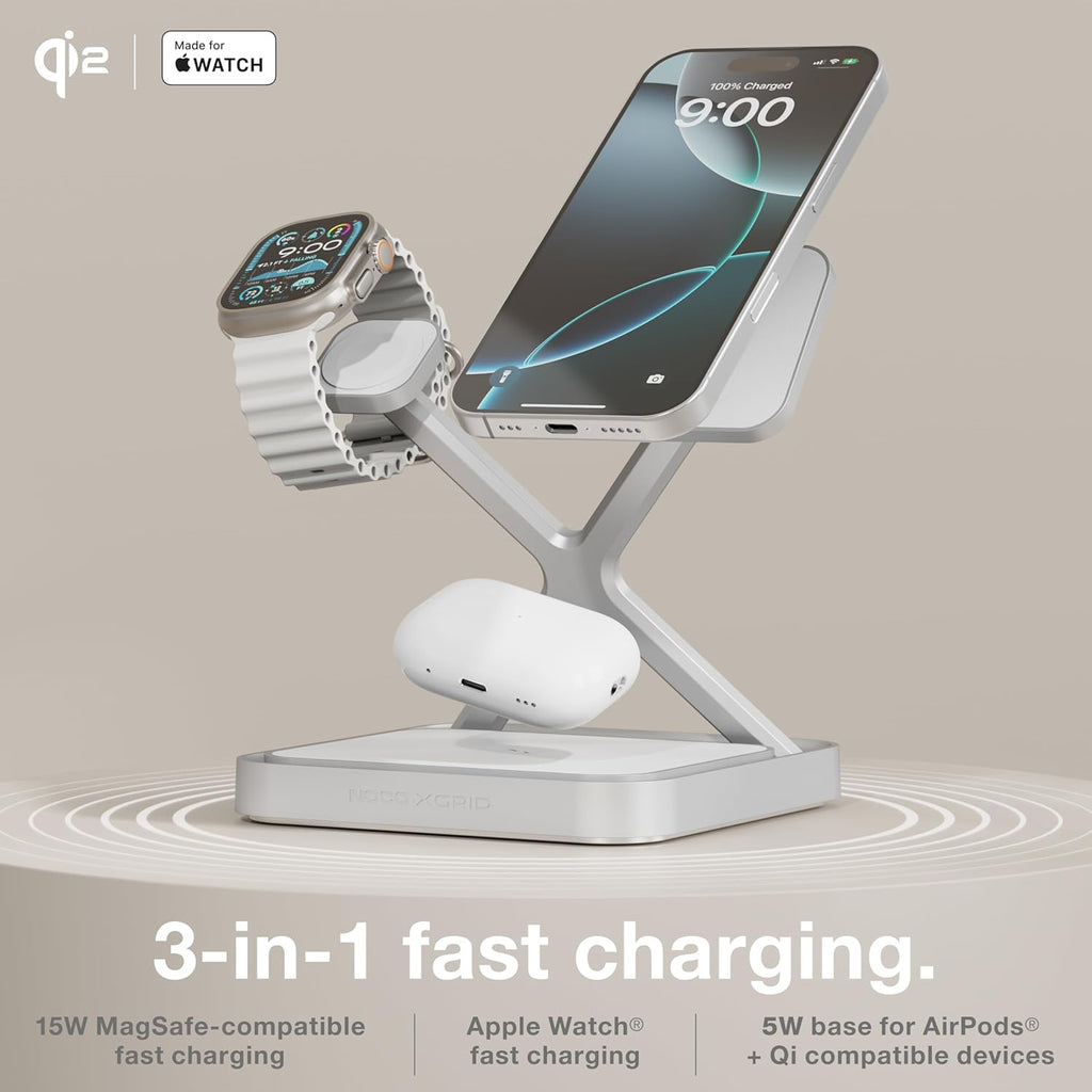 NOCO XGrid XDS3: 3-in-1 Wireless Charging Stand – Charging Station for iPhone, Apple Watch, and AirPods – MagSafe Compatible, Qi2 Certified – Includes 45W USB-C Wall Charger and 6.5-Foot USB-C Cable